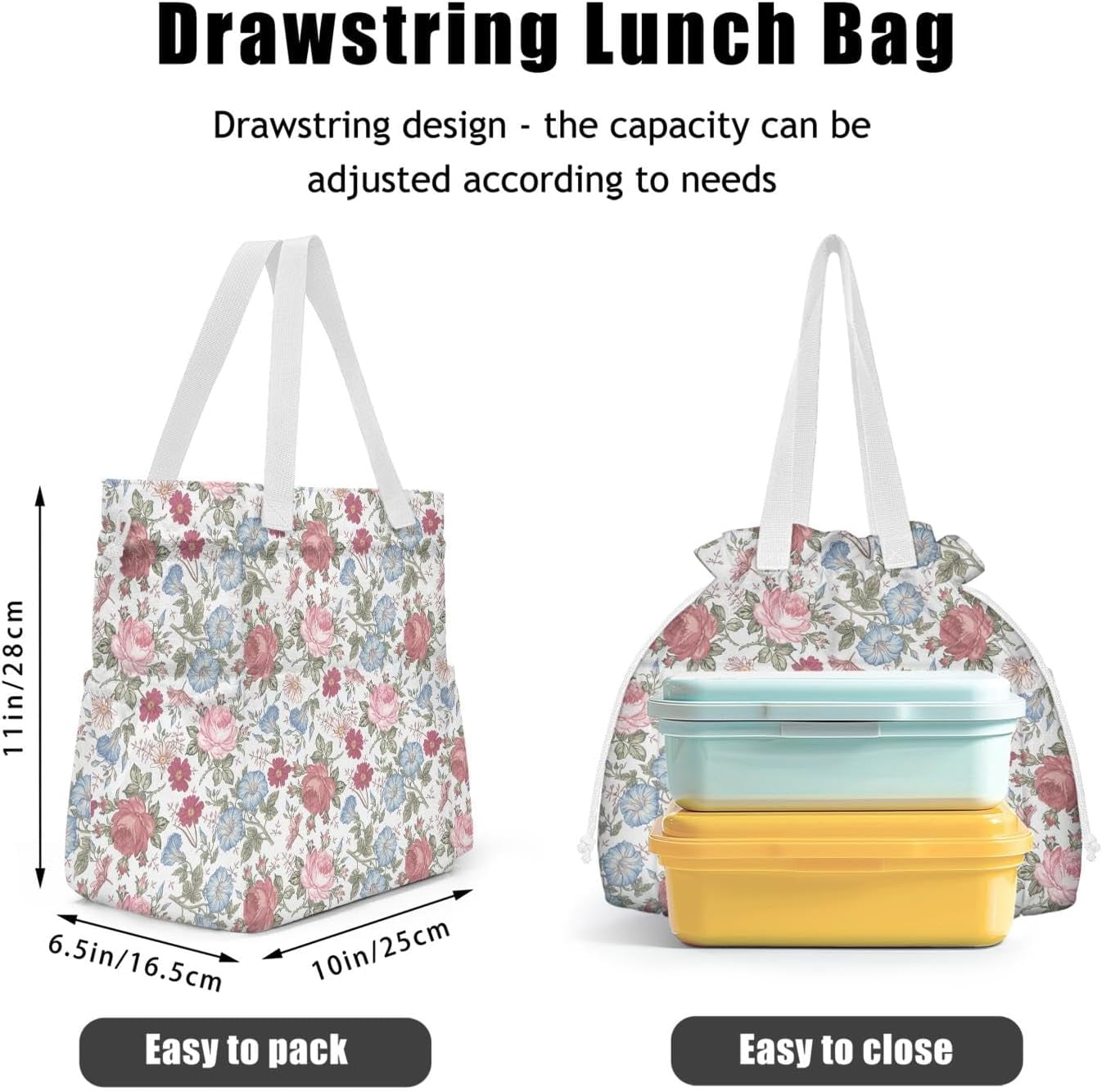 Lunch Bag for Women Insulated Womens Drawstring Lunch Bag for Work, Stain-Resistant Large Lunch Box for Women with Containers, Cinch Closure Cromwell Bag Black Man Reusable Lunch Bag Office