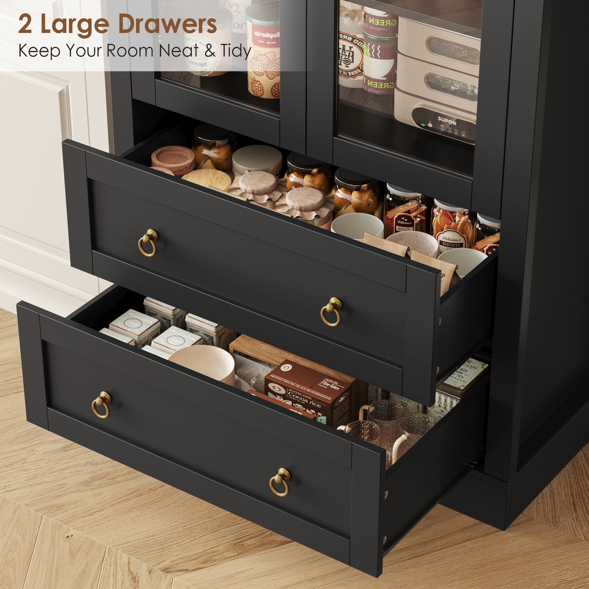 Hiphuta 70" Tall Arched Kitchen Pantry Storage Cabinet with Glass Doors, Freestanding Modern Farmhouse Hutch Cupboard with 2 Large Drawers, for Kitchen Dining Room, Black