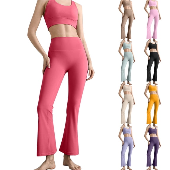 Womens Wide Leg Pants LSQii Fashion Elastic High Waist Flare Trousers with Pockets Solid Color Flared Pants Yoga Sport Gym Workout Wear Summer (Watermelon Red,L)