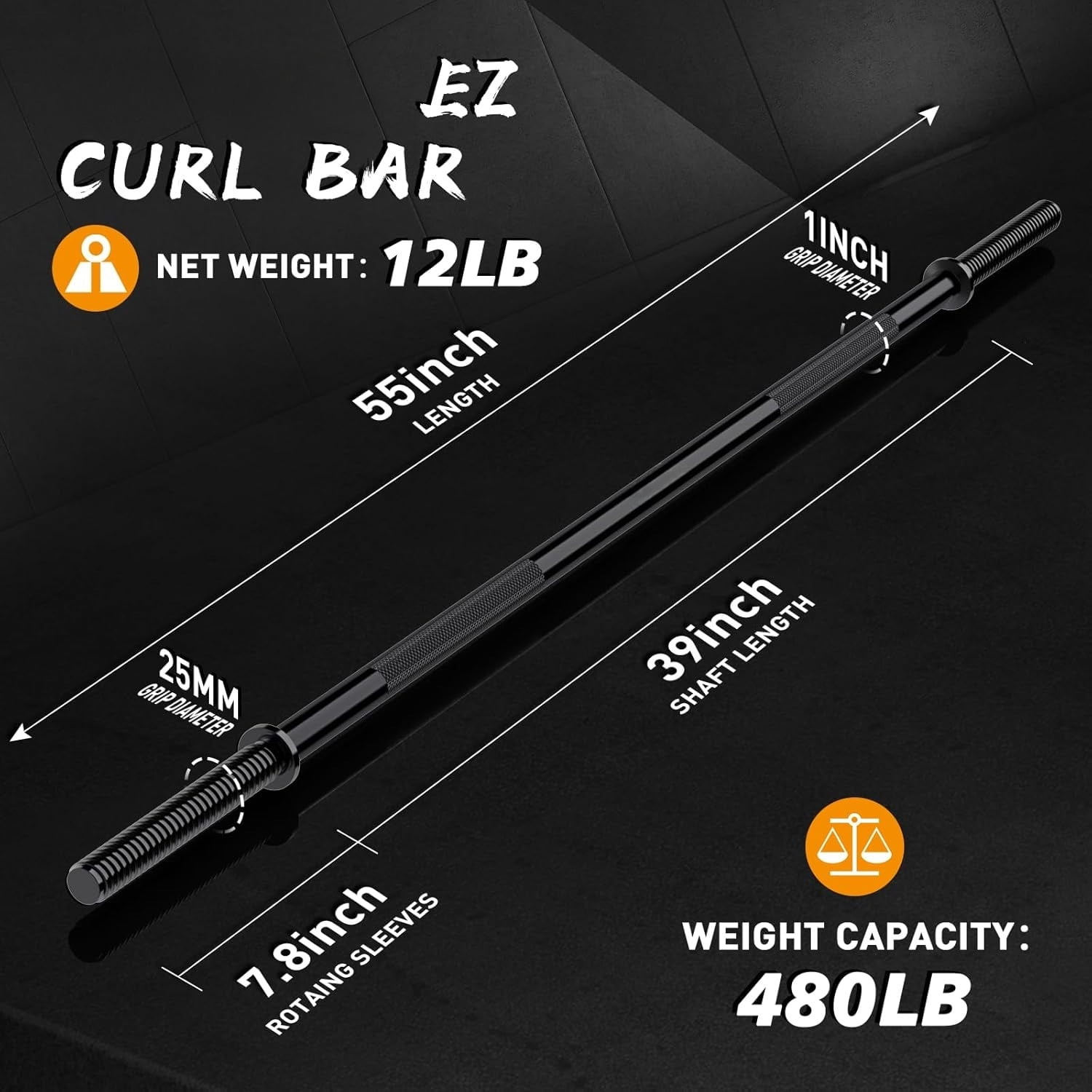 55" Weight Lifting Bar, 1" Standard Straight Barbell Bars for Weight lifting, Olympic Barbell Bar for Bench Press/Hip Thrusts/Squats/Lunges for Gym and Home, 2 Star Star-nuts (480lb Weight Capacity)