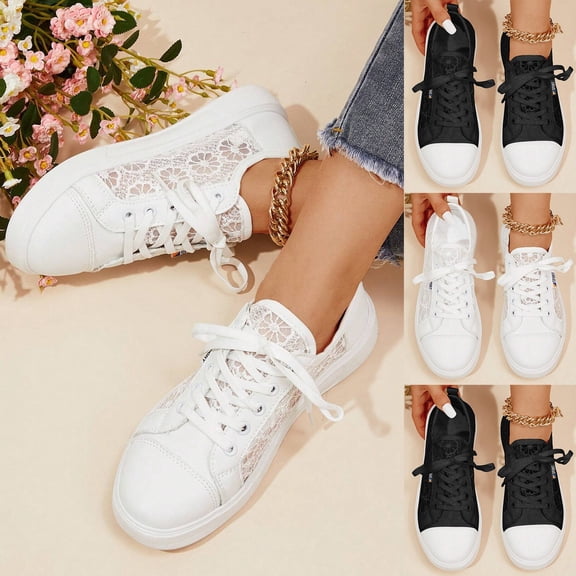 Pandaie Womens White Tennis Shoes Mesh Low Top Fashion Canvas Leather Sneakers Women Cute Flower Embroidered Lace Walking Shoes Black 6.5