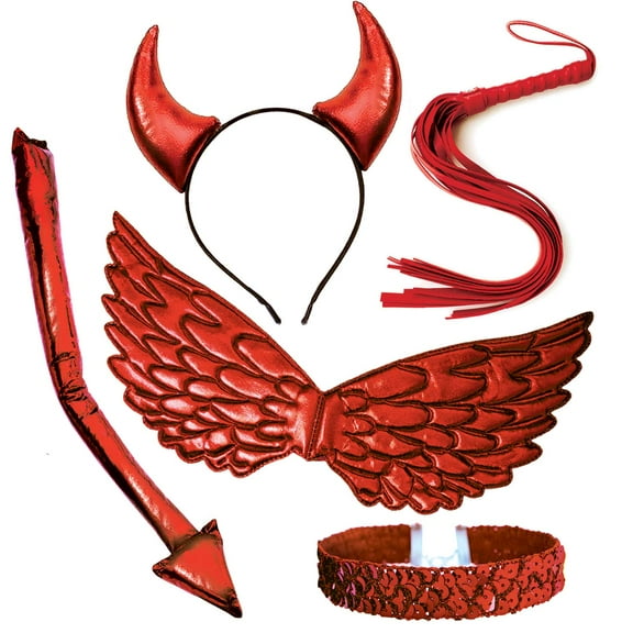 Devil Costume for Women - 5 Piece Accessory Set with Red Horns Headband, Demon Tail, Sequin Collar Necklace and Wings