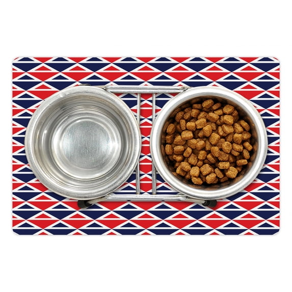Americana Pet Mat for Food and Water, USA Flag Inspired Abstract Pattern Squares and Triangles Artwork, Non-Slip Rubber Mat for Dogs and Cats, 18" X 12", by Ambesonne