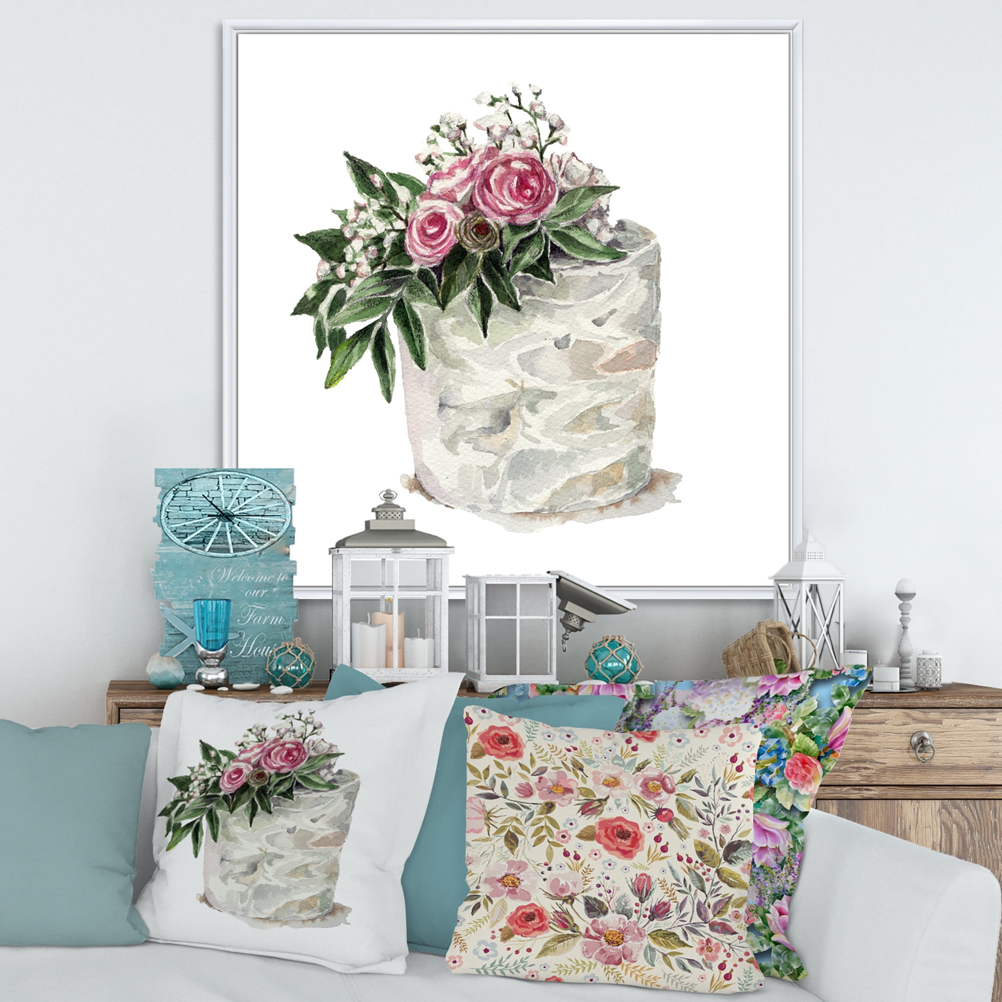 Designart 'White Flowers and Pink Roses On Cake' Traditional Framed Canvas Wall Art Print