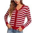 thumbnail image 4 of Fmbrln Womens Lightweight Knitted Cardigans Fashion Casual Long Sleeve V Neck Button Scalloped Edged Open Front Cardigans Soft Comfy Stripe Print Outwear Red 2XL, 4 of 8