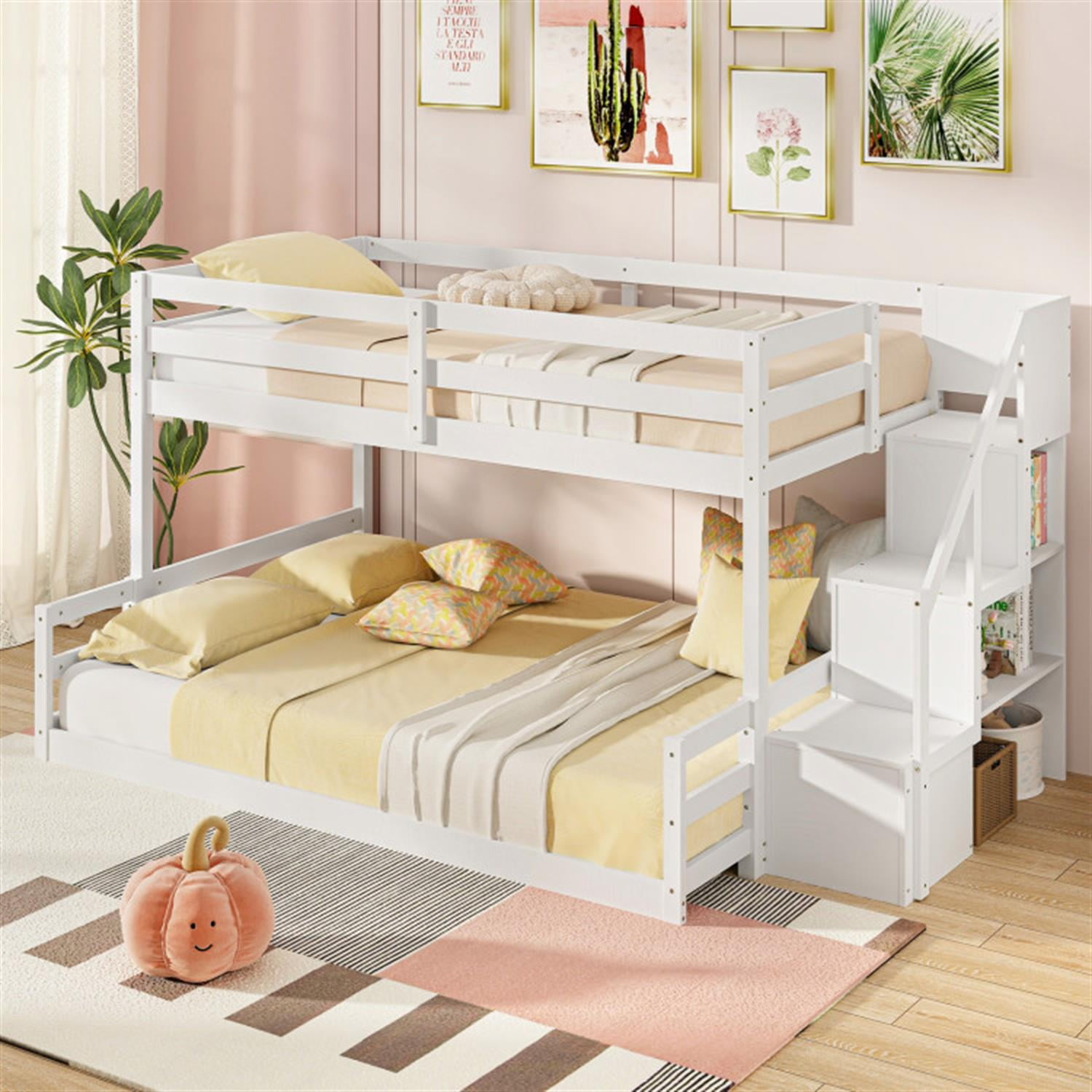 Demi Bonn Twin Over Full Bunk Bed with Safety Rail and Storage Stairs, Twin Bunk Beds, Space-saving Solid Wood Bed Frame, White