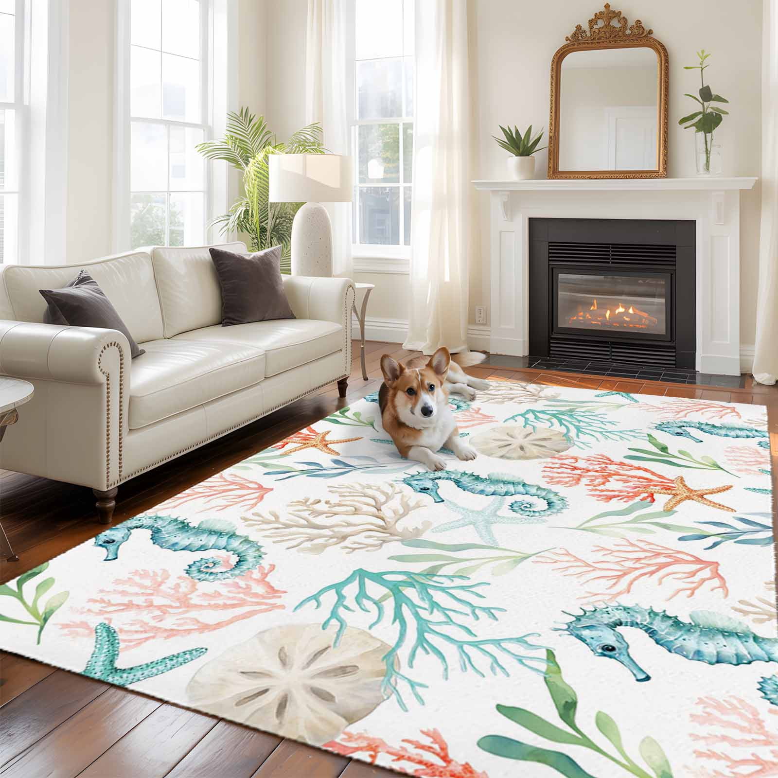 5'x7' Area Rugs for Living Room Bedroom, Teal Red Seahorse Coastal Washable Rug Carpet Runner Indoor Outdoor, Nautical Beach Coral Starfish Non Slip Floor Mats Area Rug for Kitchen, Nursery