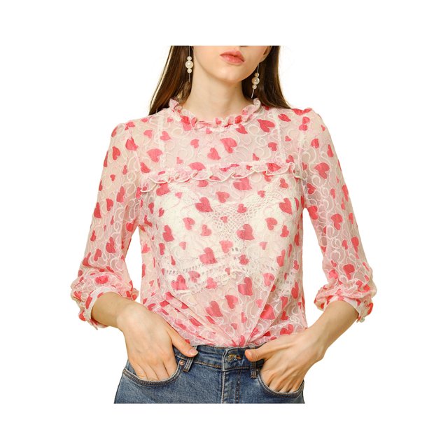 INSPIRE CHIC Haut en Dentelle Transparente à Col Montant à Volants Manches 3/4 pour Femmes