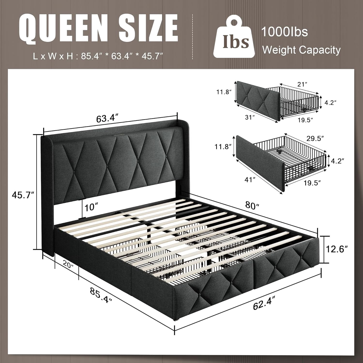 iPormis Queen Size Bed Frame with Charging Station , Upholstered Bed with 4 Storage Drawers,Dark Grey