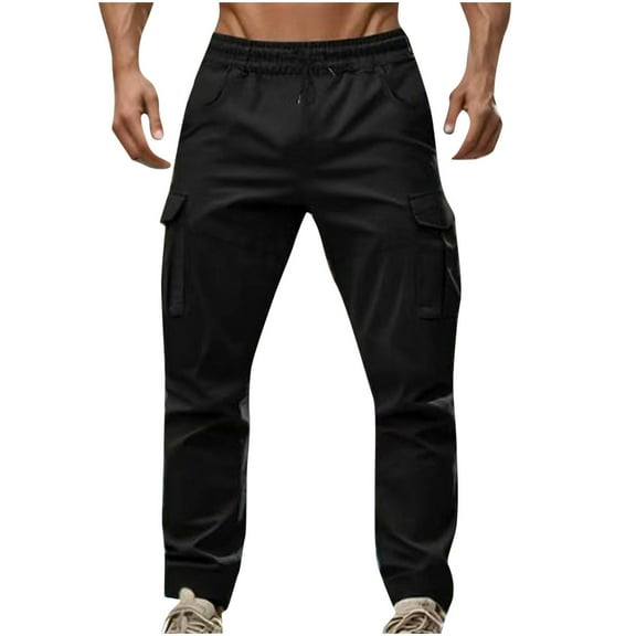Men's Stretch Tactical Pants Casual Cargo Joggers Pants Solid Color Vintage Drawstring Pockets Workwear Pants