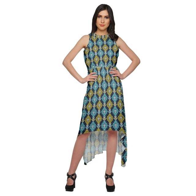 Moomaya Robe Sans Manches Imprimée Style Asymétrique pour Femmes avec Encolure Licou