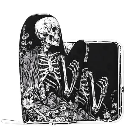 

Gothic Skull Floral Art Oven Mitts and Pot Holders Sets Heat Resistant Silicone Oven Mitts Pot Holders for Kitchen Cooking Baking Non-Slip Oven Gloves Hot Pads Potholders