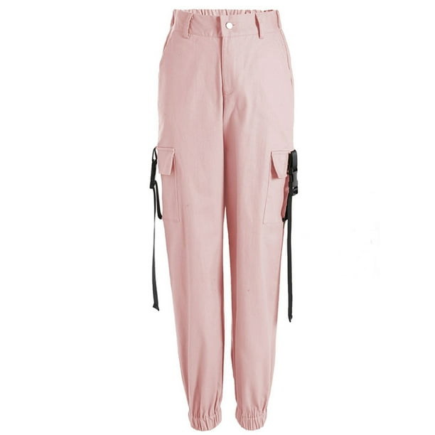 LUXUR Women Parachute Pant High-waist Cargo Pants Button Sweatpants Elastic  Waisted Trousers Straight Wide Leg Pink L