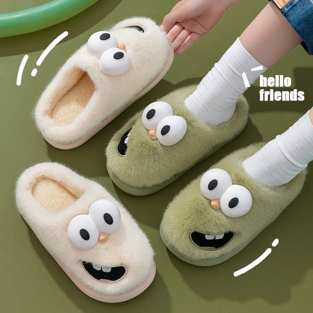 Pantuflas de algodón con forma de perro de ojos grandes para mujer, para otoño e invierno, para exteriores, bonitas pantuflas de dibujos animados, para el hogar, para interiores, de algodón