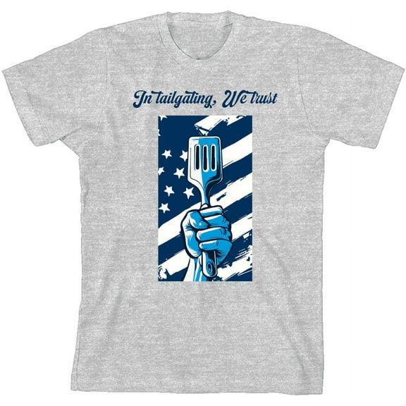 In Tailgating We Trust American Flag And Spatula Youth Heather Gray Crew Neck Short Sleeve Tee-XL