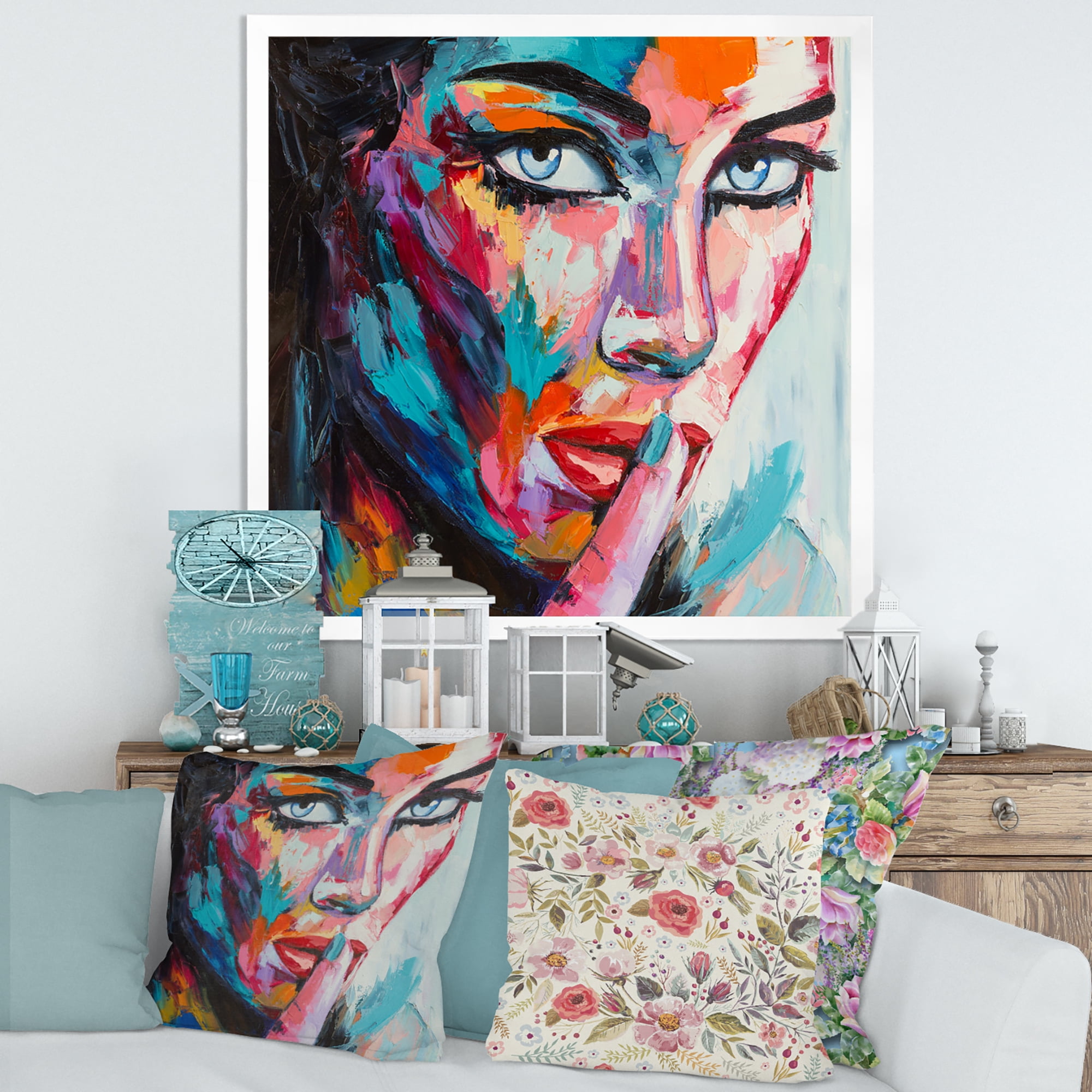 Designart 'Abstract Portrait Of A Young Woman With Blue Eyes II' Modern Framed Art Print
