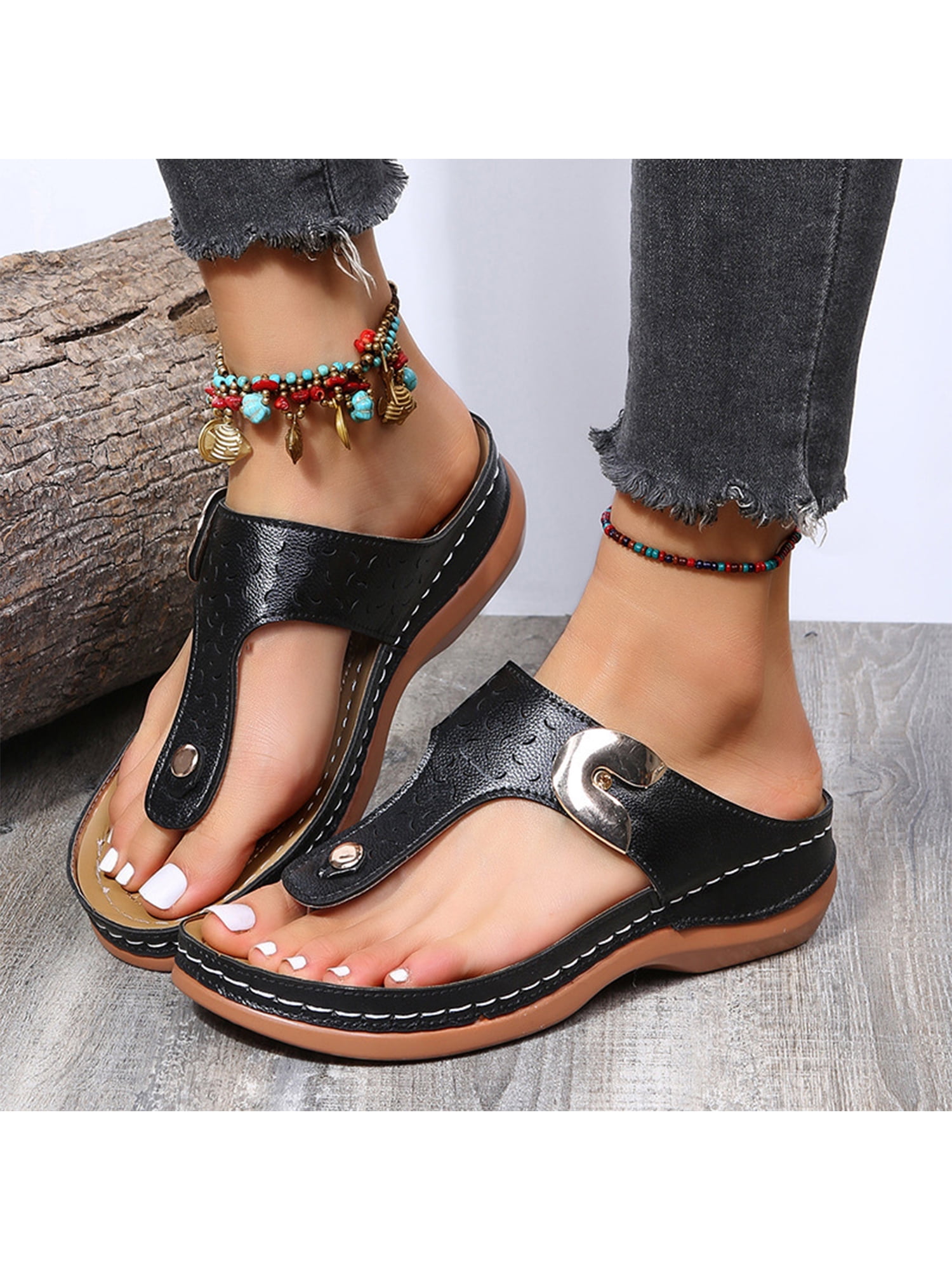 Women Orthopedic Sandals Wedge Heels T-Strap Clip Toe Slingback Summer Shoes 