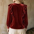 thumbnail image 5 of ClodeEU Women V Neck Ruffle Trim Long Sleeve Velvet Blouse,Casual Elegant Loose Dressy Shirt Wine,Women's Plus S, 5 of 6