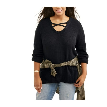 Juniors' Plus Cross Front V-Neck Pullover