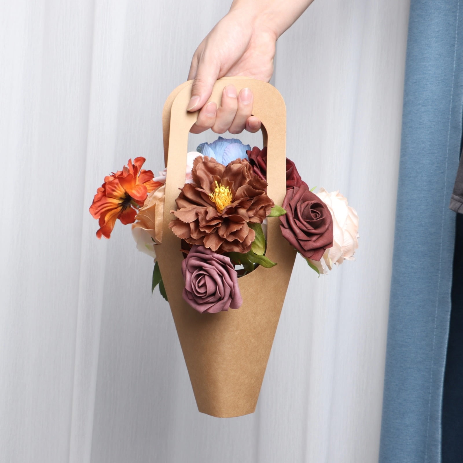 50 Pack Kraft Paper Flower Bouquet Bags - Flower Present Bags with Sturdy Handles - Brown Gift Wrapping Bags for Fresh Flowers, Plants & Gifts
