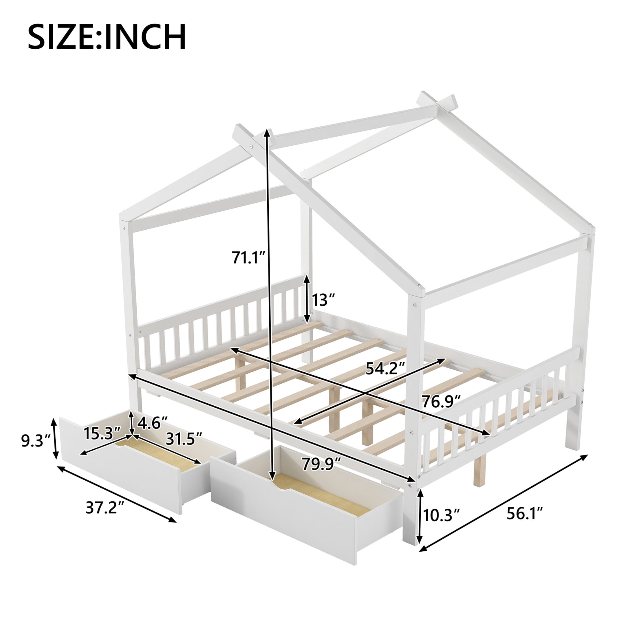 Noble House Clavell Full Size House Bed with 2 Storage Drawers, Headboard and Footboard, Playful Roof Design, White