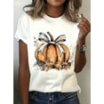 thumbnail image 1 of T-Shirt Décontracté à Imprimé Citrouille pour Femmes avec Détail Nœud - Col Rond, Manches Courtes, Polyester Respirant - Parfait pour la Fête des Pères Printemps & Été, Fête des Mères, Nouvel An, Festival de Printemps, Saint-Valentin, 1 of 8