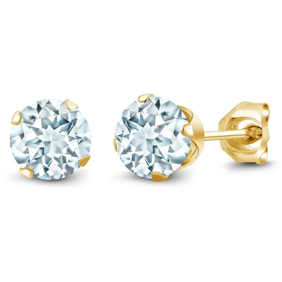 Gem Stone King 0.88 Cttw Round Shape Sky Blue Aquamarine 18K Yellow Gold Plated Silver Stud Earrings for Women