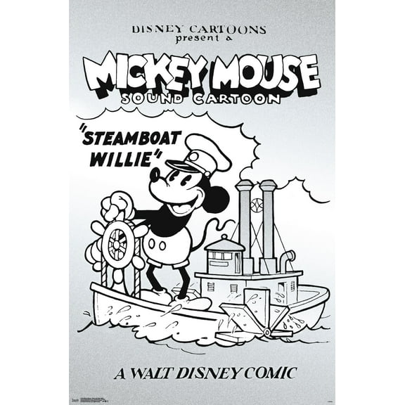 Disney Mickey Mouse - Black and White Steamboat Willie Wall Poster, 22.375" x 34"