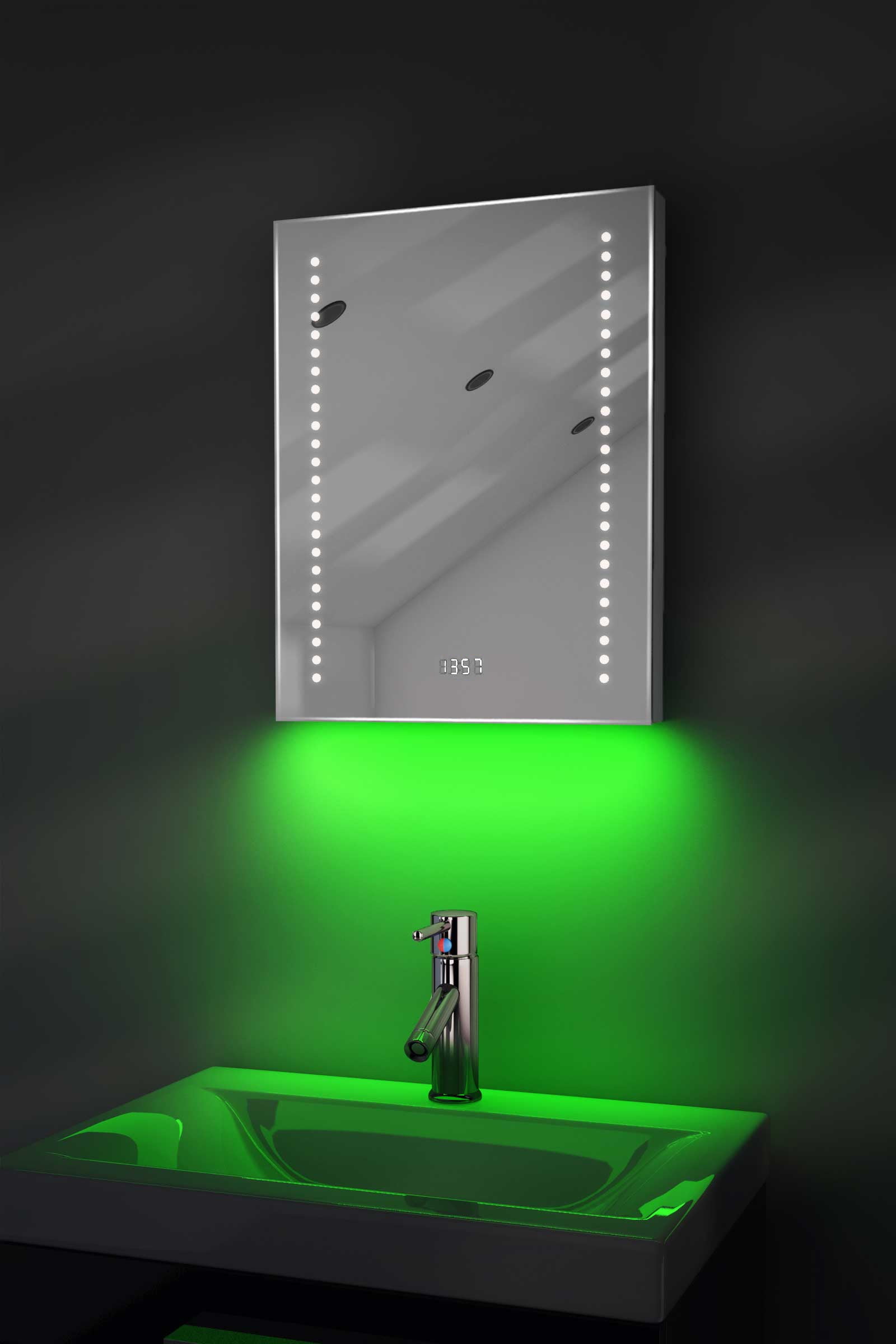 Digital Clock Slim Bathroom Mirror with Under Lighting, Demist & Sensor k188