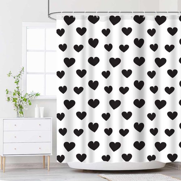 Valentines Day Shower Curtain, Black Hearts Shower Curtain for Valentine''s Day Black and White Contracted Bathroom Decor Set Sweetheart Bathroom Curtains, 72x72 in
