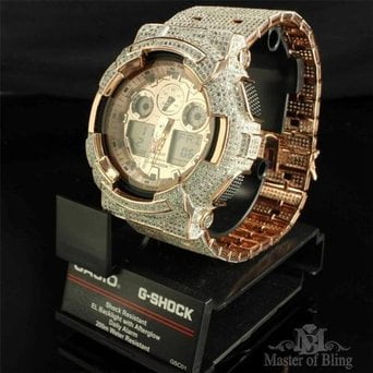 Mens Exclusive Custom Designer Lab Created Cubic Zirconia G-Shock Watch Finished In Rose