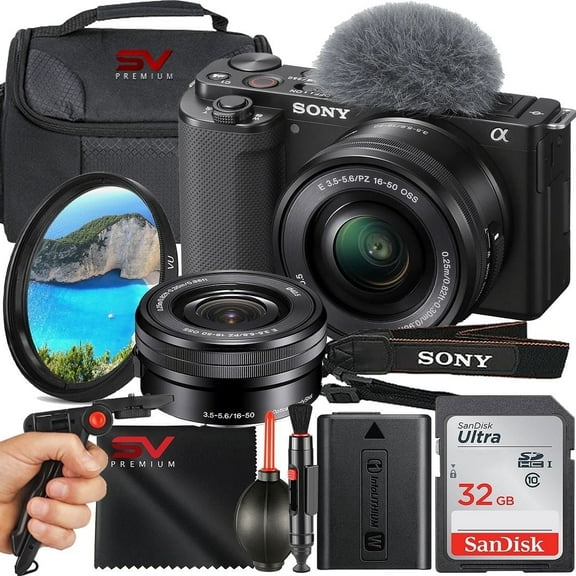 Sony ZV-E10 Mirrorless Camera with 16-50mm Lens   32GB Memory Card   Pistol Grip Tripod   SV Premium Accessory Bundle (International Version)