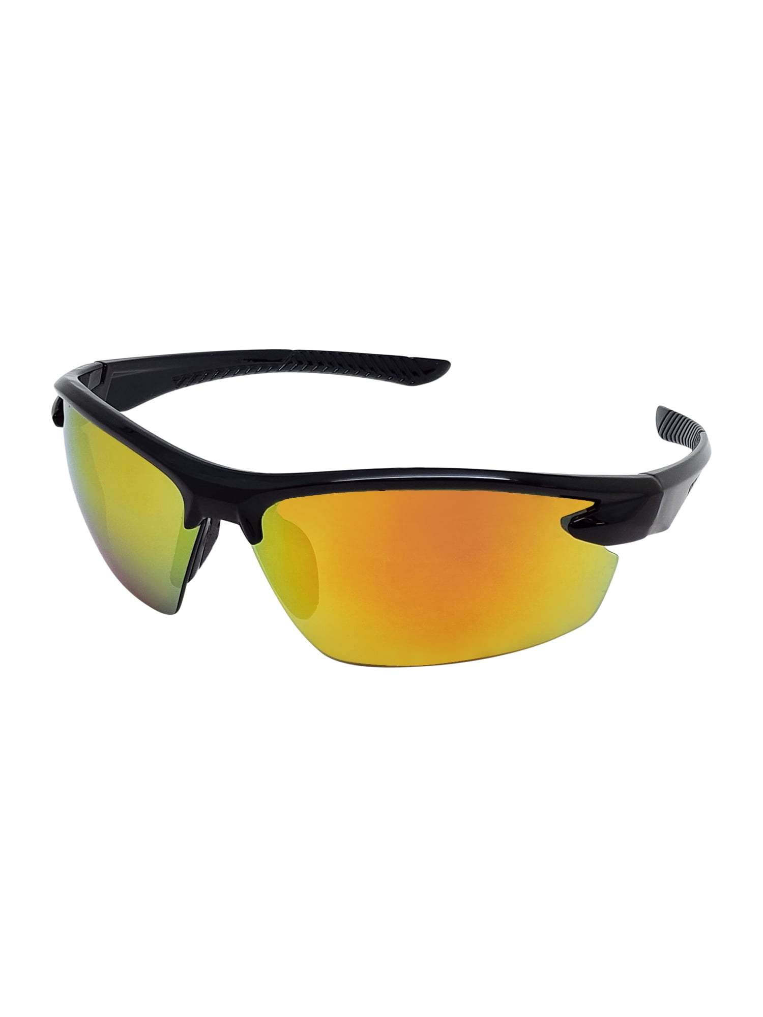 Mens Plastic Sports Wrap Black Frame Yellow Mirror Lens Sunglasses