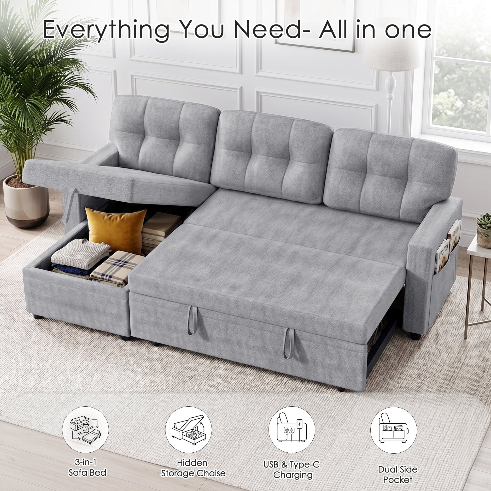 Xiweot Convertible Sleeper Sofa Bed, 82" L Shaped Sectional Couch with Pull Out Bed, Storage Chaise & Reversible Lounge, Teddy Fabric Compact Sectional Sofa for Living Room Apartment (Ligth Grey)