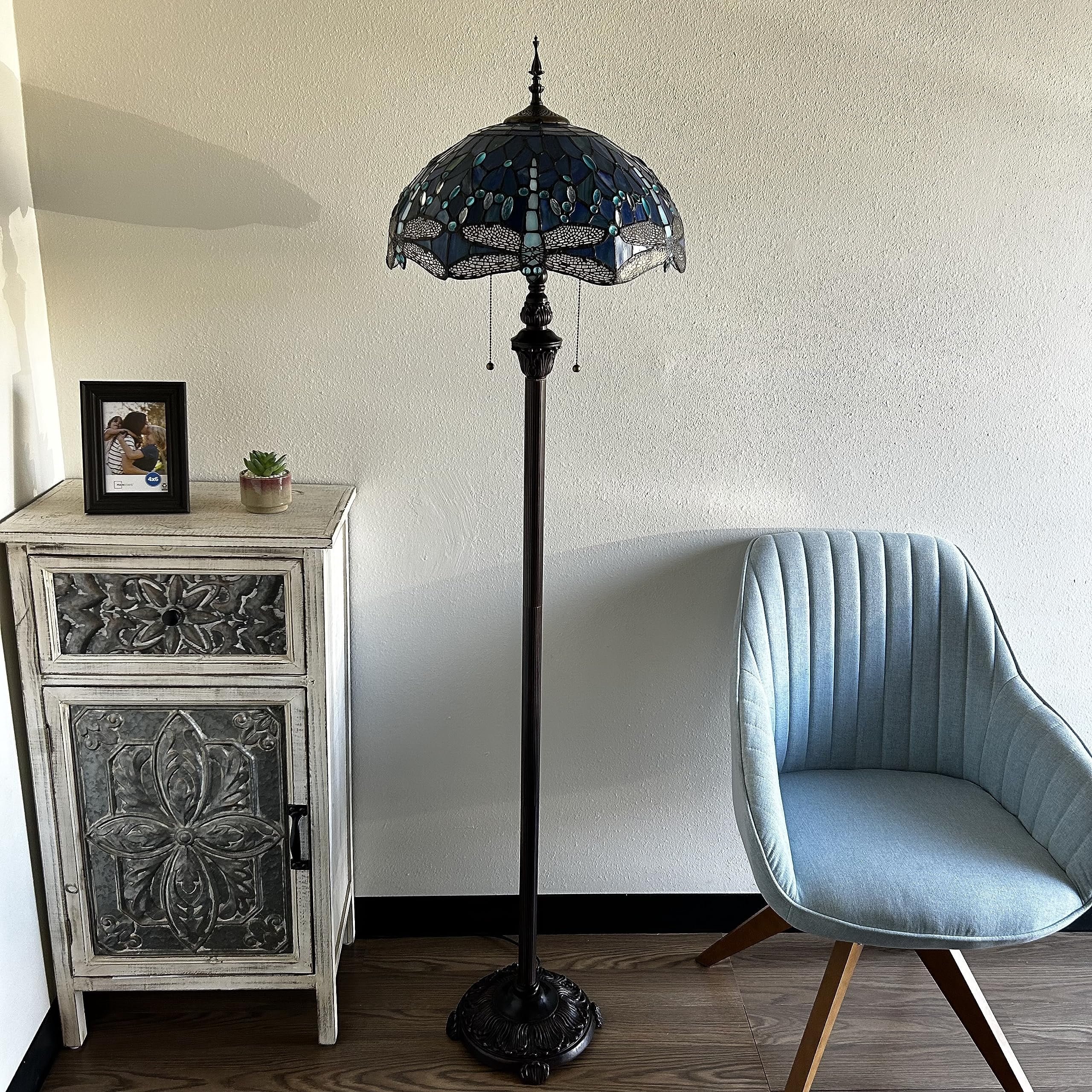 Enjoy Décor Lamps 64-Inch 2-Light Dragonfly Tiffany Style Floor Lamp with Stained Glass Blue Bowl Shade, 1 Count