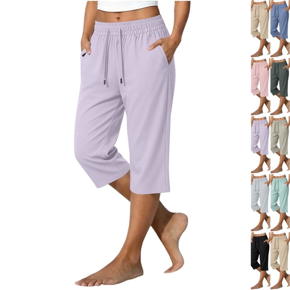 Women's Quick Dry Capri Pants Ice Silk Summer High Waisted Drawstring Active Capris Casual Lightweight Hiking Pants with Pockets,Purple L