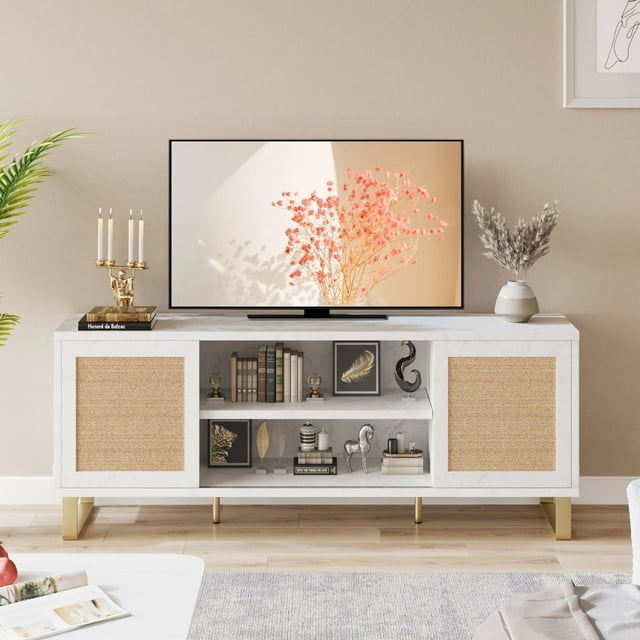 Cherish Rattan TV Stand for 65 Inch TV - Modern Entertainment Center with Marble Design, Storage Doors & Shelves