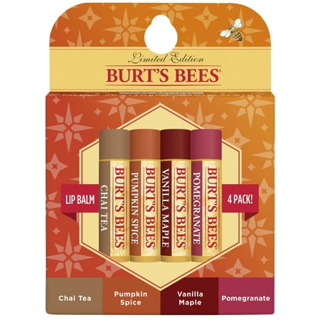 Burt's Bees 100% Natural Moisturizing Lip Balm, Holiday Pack - Chai Tea, Pumpkin Spice, Vanilla Maple, Pomegranate - 4 Tubes