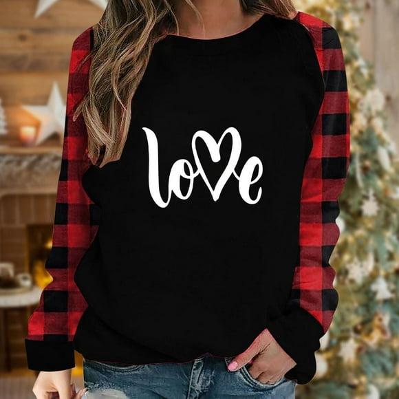 Meichang Long Sleeve Tops for Women Prime Valentines Day Shirts Holiday Tops Love Heart Print T Shirts Trendy Crew Neck Loose Fit Going Out Tops Heart Sweatshirt
