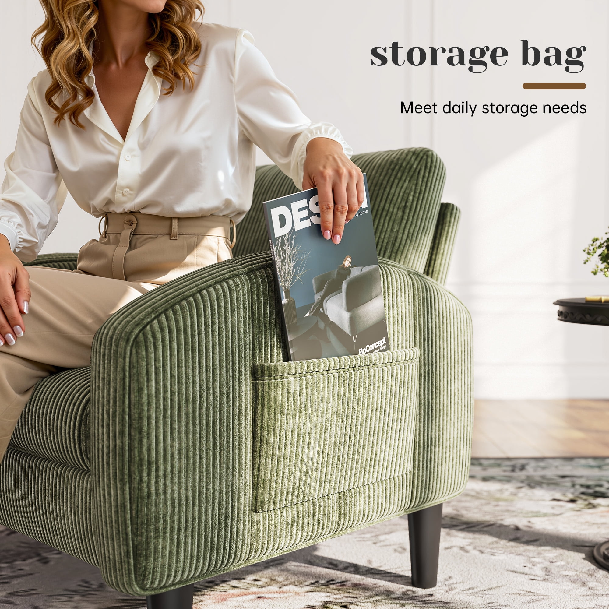 Romorgniz Mid Century Modern Accent Chair, Lounge Armchair with Extra Thick 6.3" Cushion & Side Pockets, Comfort Chair for Living Room, Bedroom, Apartment, Small Space, Forest Green