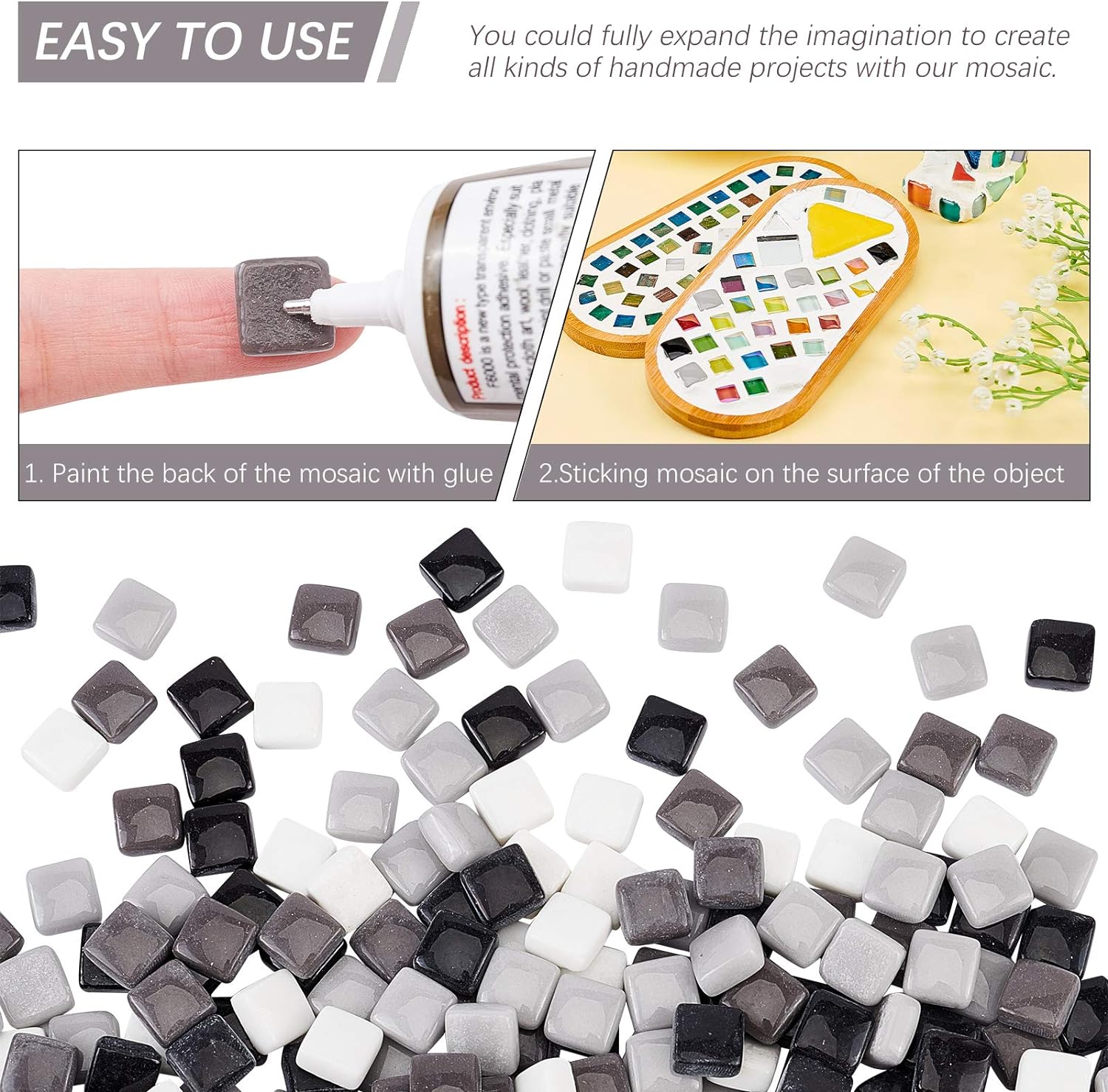 PH 190 pcs 12mm(0.47 Inch) Square Glass Mirror Tiles Mini Glass Decorative Mosaic Tiles for Home Decoration Crafts Jewelry Making Black/White/Gray Mixed Color