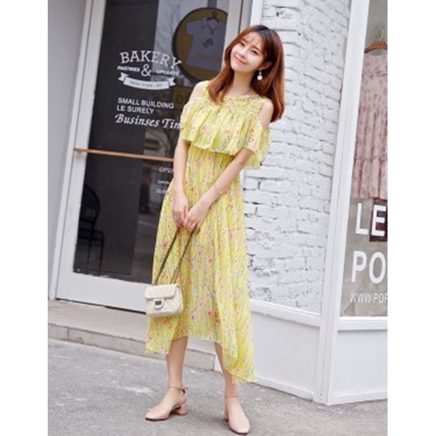 Vestido de gasa de verano, ajustado, adelgazante, fresco, con hombros descubiertos, cintura alta, vestido largo para lactancia.