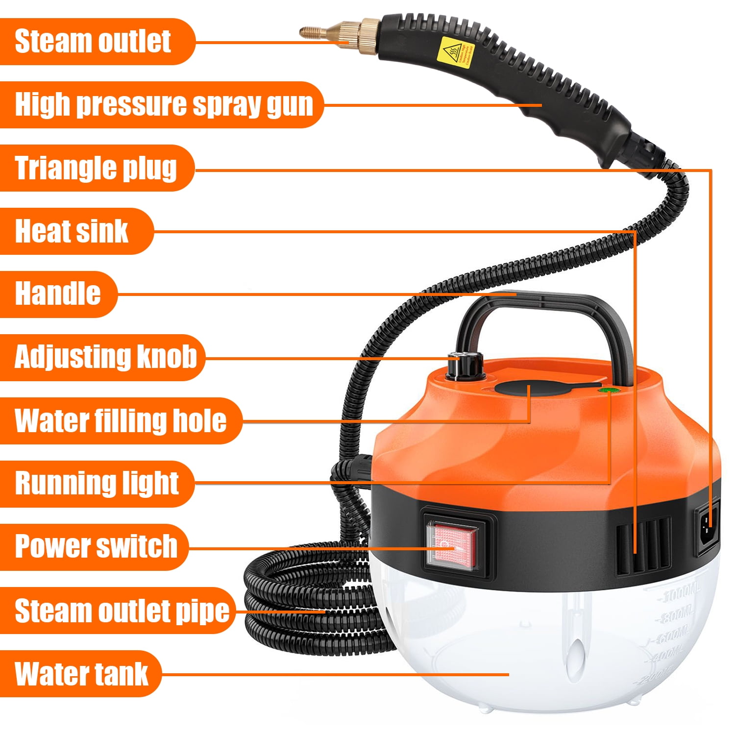 Audessy High Pressure Steam Cleaner, 1500W Portable Handheld High Temperature Steam Cleaner for Clean Range Hoods, Air Conditioners, Refrigerators, Stoves, Car Engines, Orange