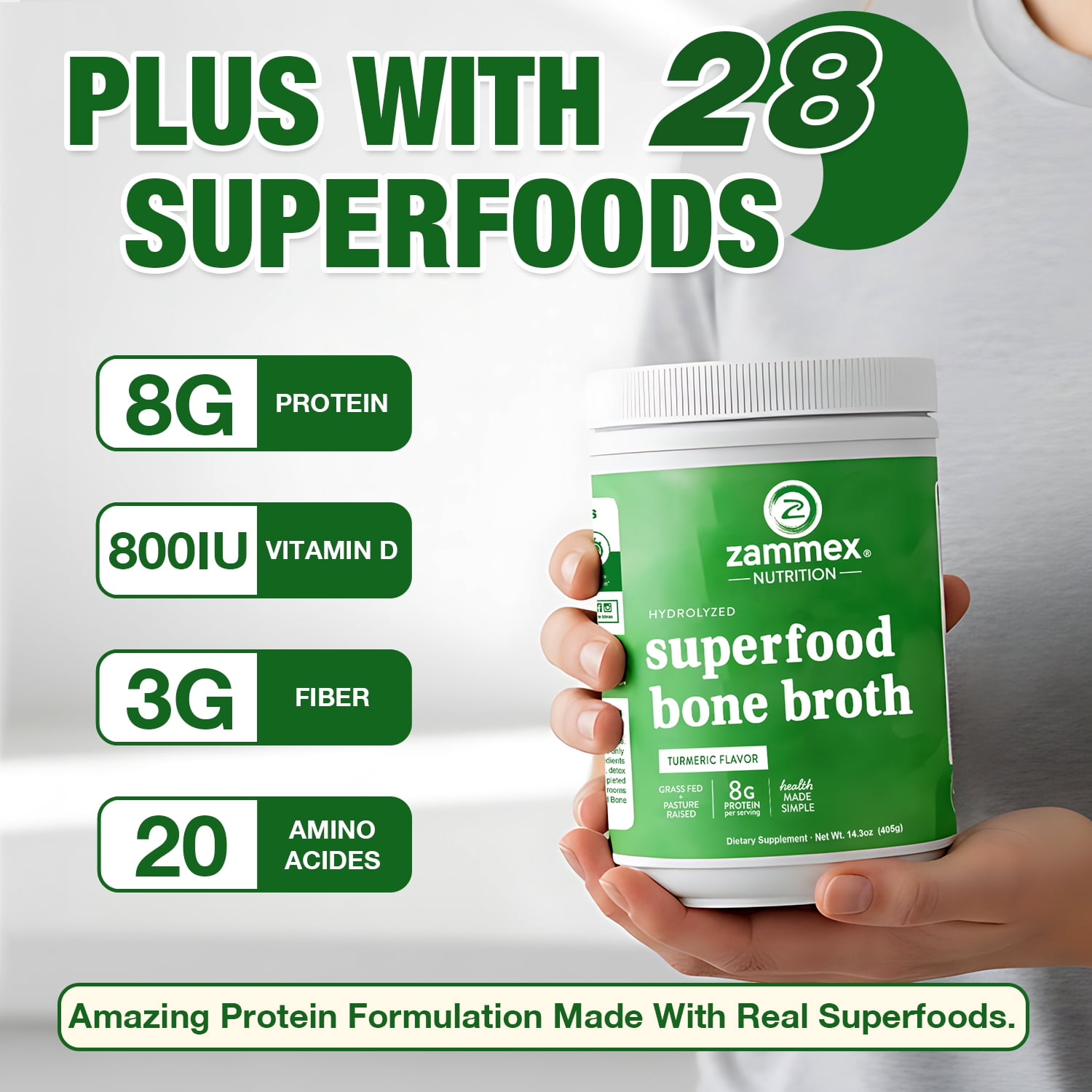 Zammex Bone Broth Protein Powder 14.3oz, Beef Superfood Bone Broth Hydrolyzed Collagen Peptides Type I& III With Vitamin D, 30 Servings, Turmeric Flavor