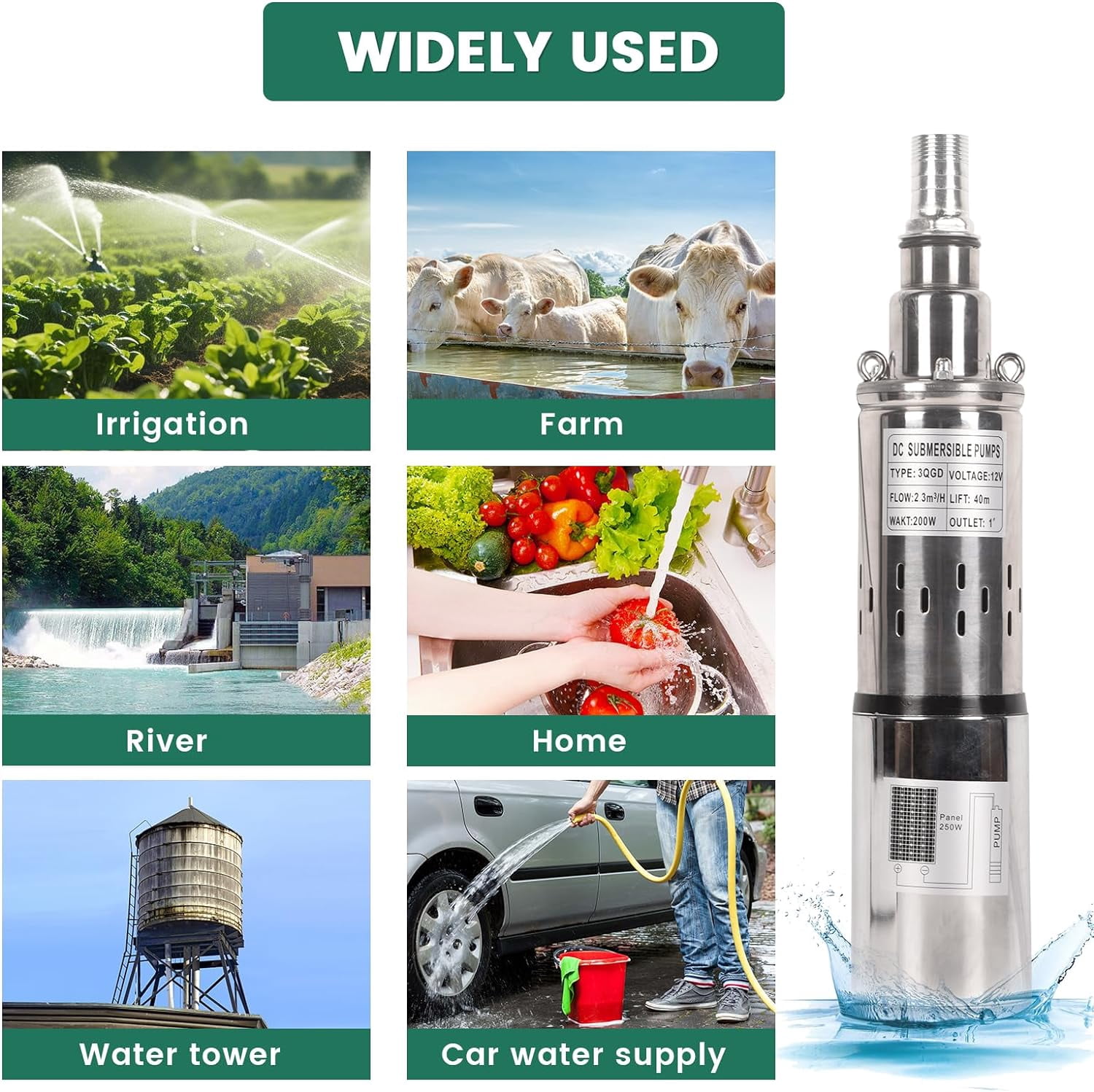 Dawot Deep Well Submersible Pump 12V Solar Submersible Water Pump 10gpm Flow Water Pump 1" Outlet 131ft Head for Industrial, Irrigation and Home Use, IP68 Waterproof Grade