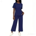 thumbnail image 5 of Women's 2 Piece Sets Summer Lounge Travel Outfits Short Sleeve Tops Wide Leg Airport Casual Trendy Sweatsuits Dark Blue S, 5 of 6