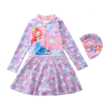 

Xinhuaya Kids Girls One Piece Swimsuits Mermaid Swimwear Skirt Long Sleeve Rash Guard Bathing Suit 3-10 Years