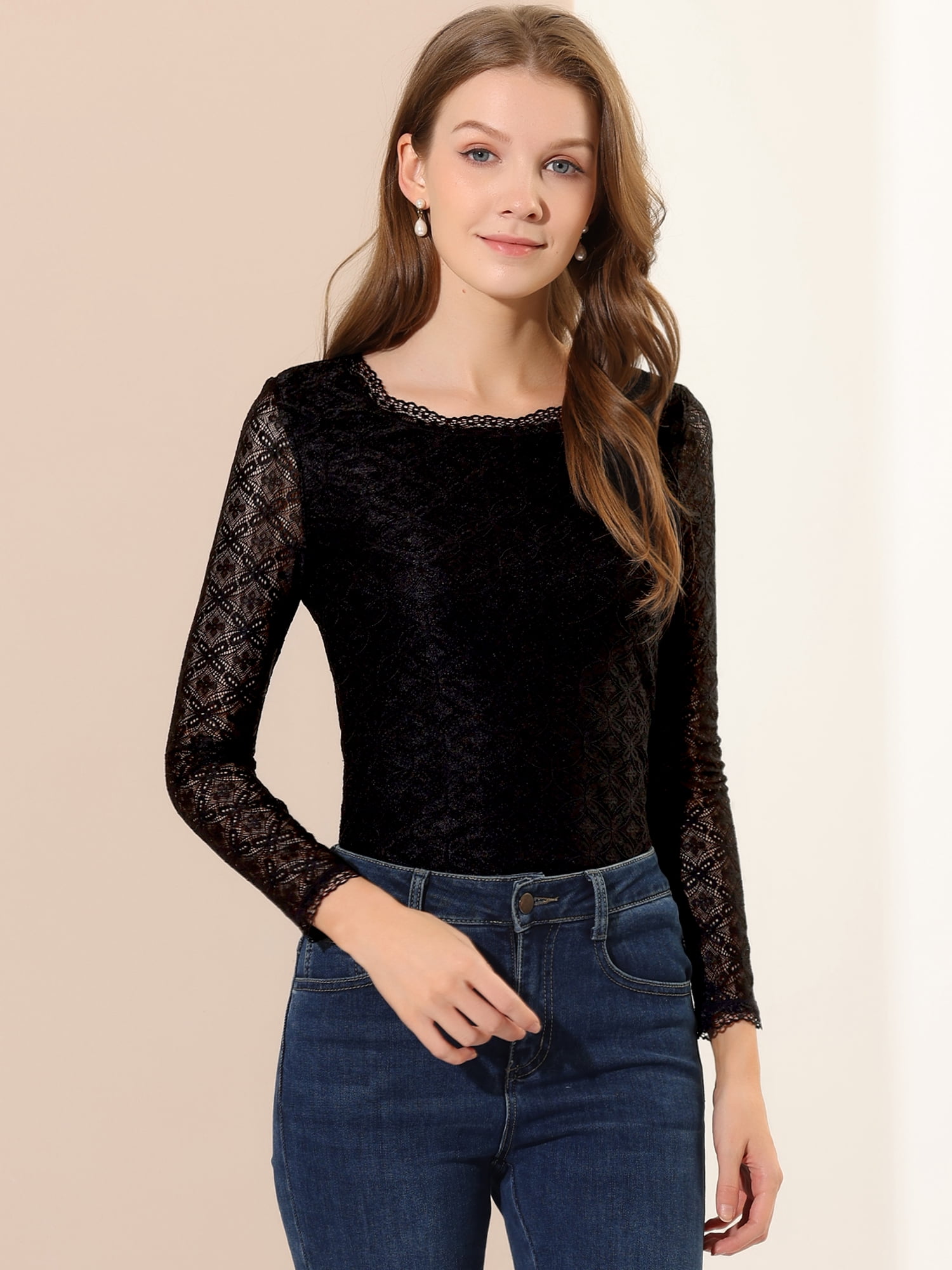 DARING DIVA Sheers Flower Embroidery Lace Top S Black