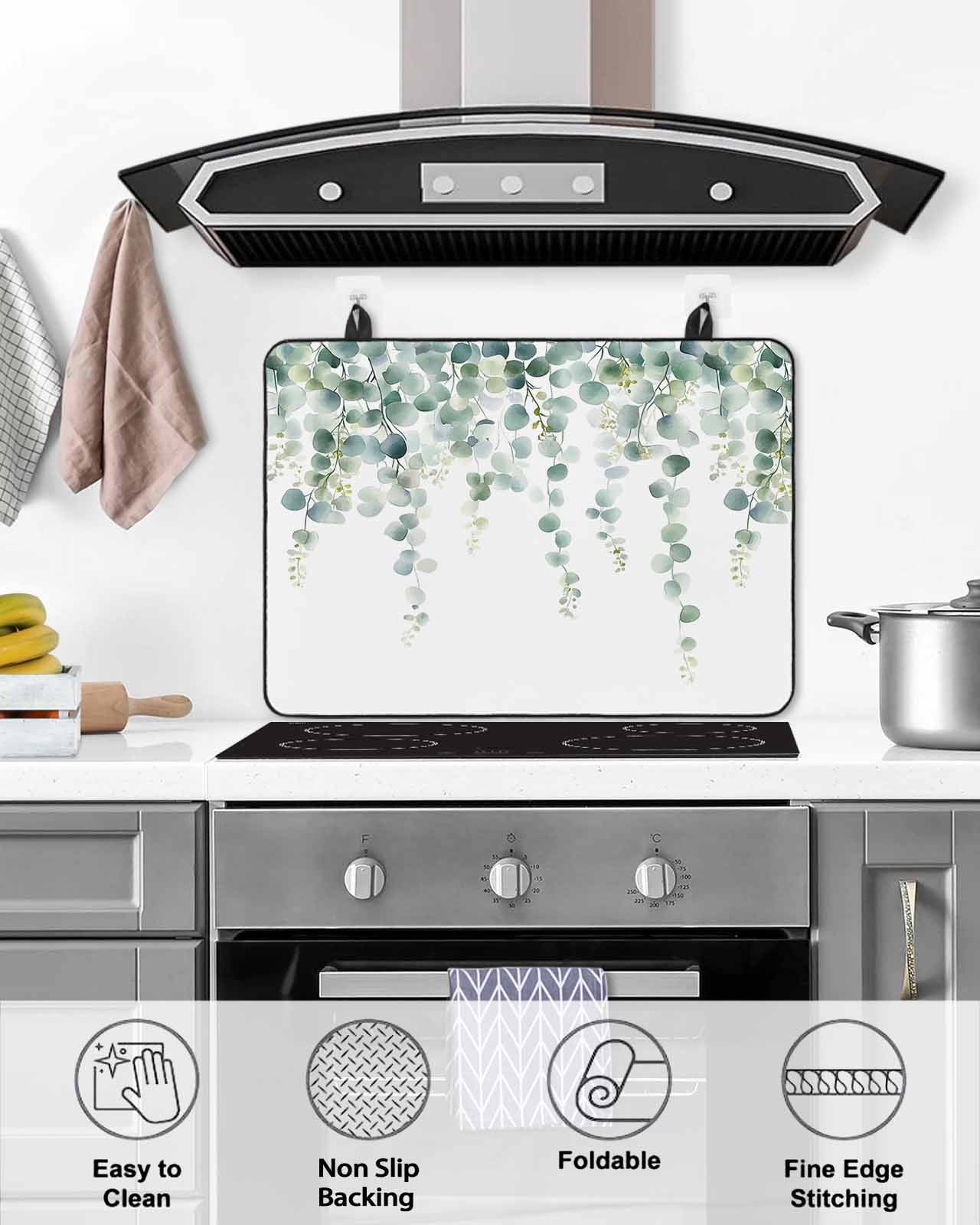 nqOlkjepod Large Induction Cooktop Protector Mat 36"x21", Eucalyptus Leaves Stove Top Covers for Electric Stove, Pastoral Rustic Botanical Watercolor Stove Burner Cover Mats, Glass Top Stove Cover