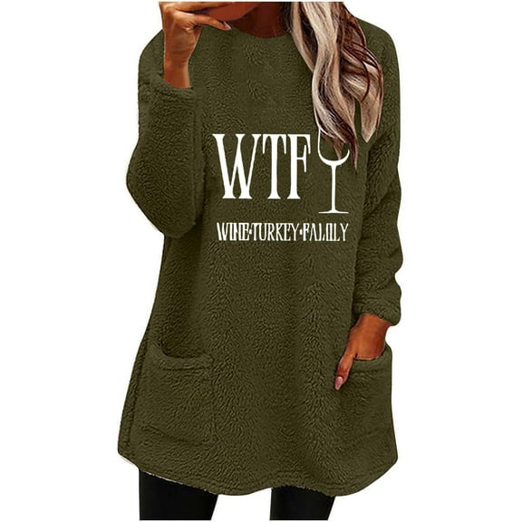 Womens Fuzzy Fleece Pullover Sherpa Sweatshirt Winter Warm Loose Crew Neck Graphic Long Sleeve Pockets Plush Tops (Army Green M)